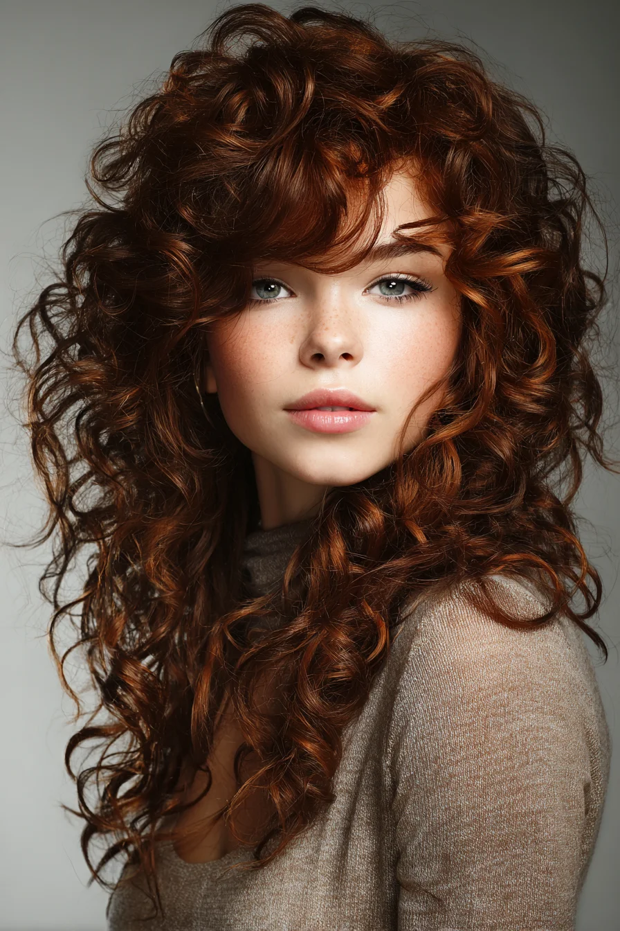 Voluminous Layered Auburn Curls with Curly Fringe