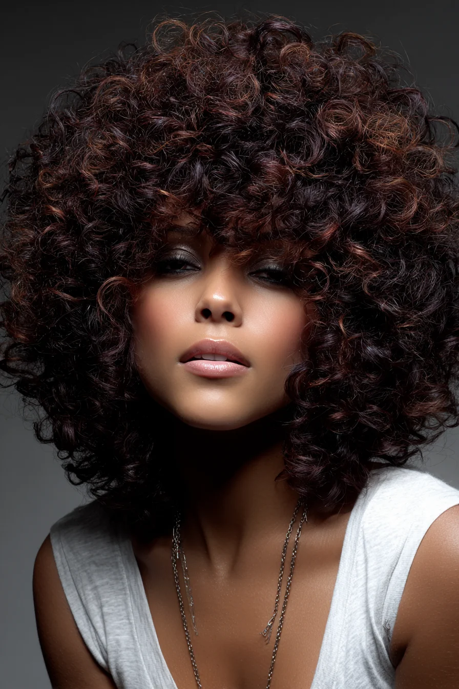 Voluminous Layered Curly Afro with Face-Framing Bangs (3B–4A)