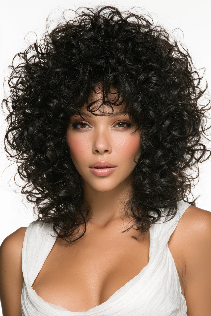 Voluminous Layered Curly Shag with Short Curly Fringe