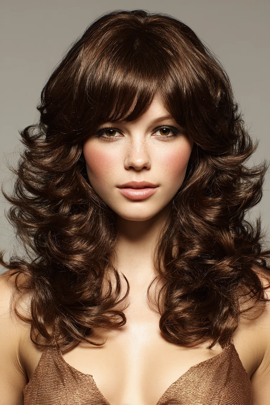 Voluminous Layered Shag with Soft Curtain Bangs and Bouncy Curls