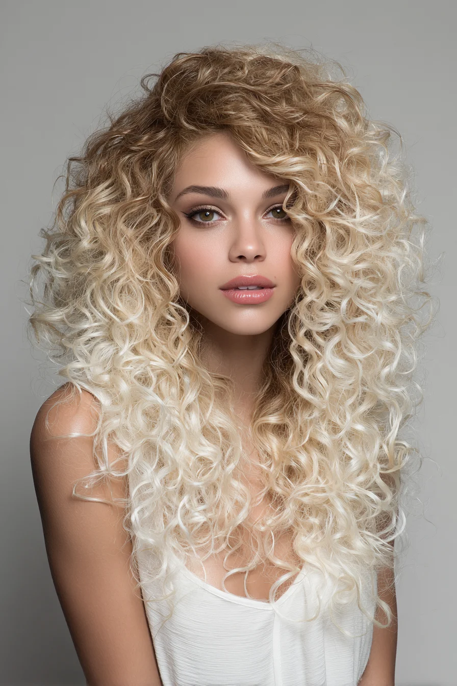 Voluminous Layered Tight Curls with Blonde Ombre