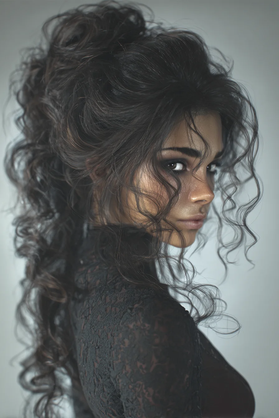 Voluminous Messy Half-Up Curly Ponytail with Face‑Framing Tendrils