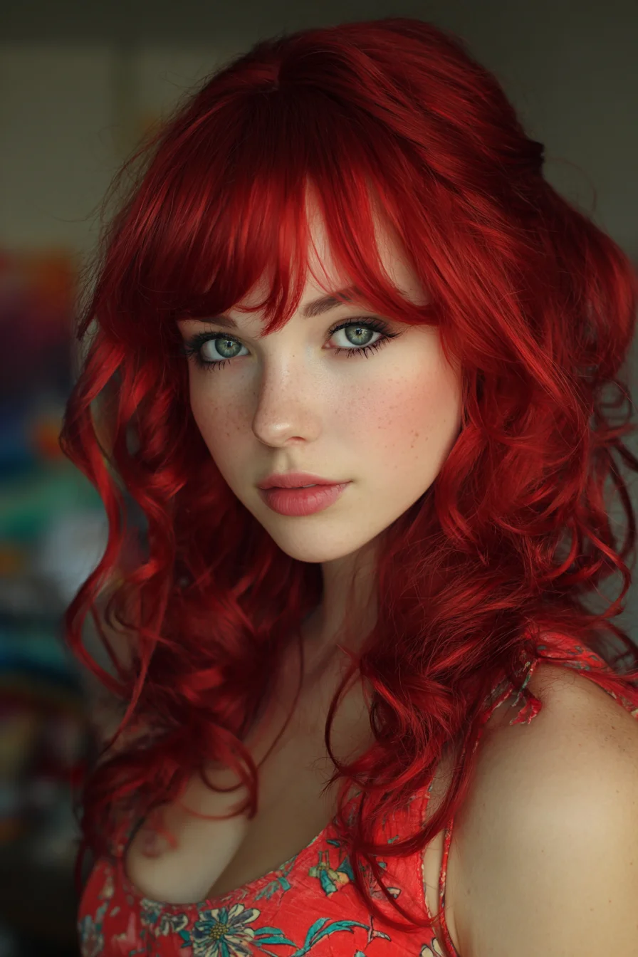 Voluminous Red Layered Curls with Curtain Bangs