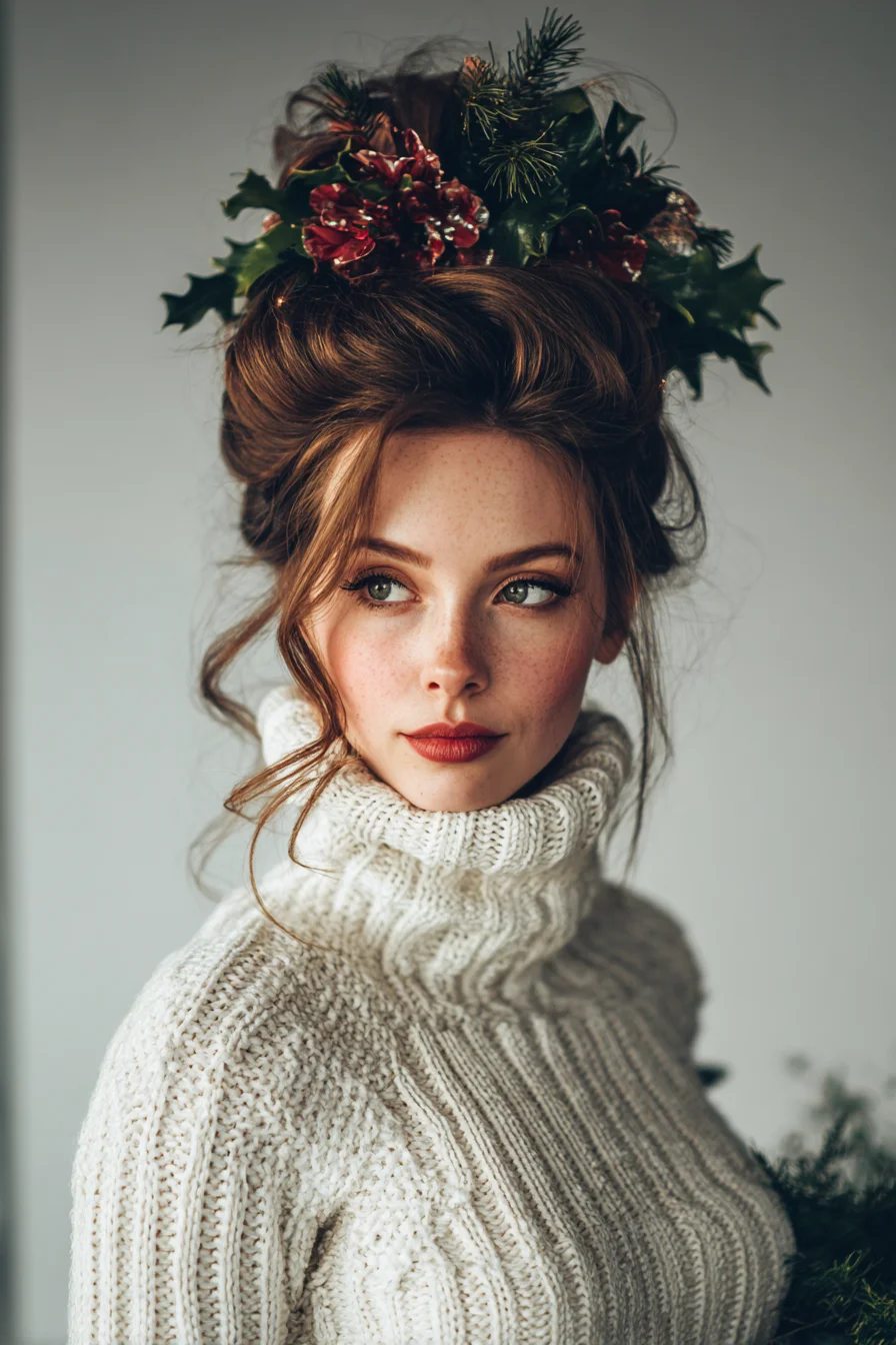 Voluminous Romantic Updo with Floral Crown and Face‑Framing Tendrils
