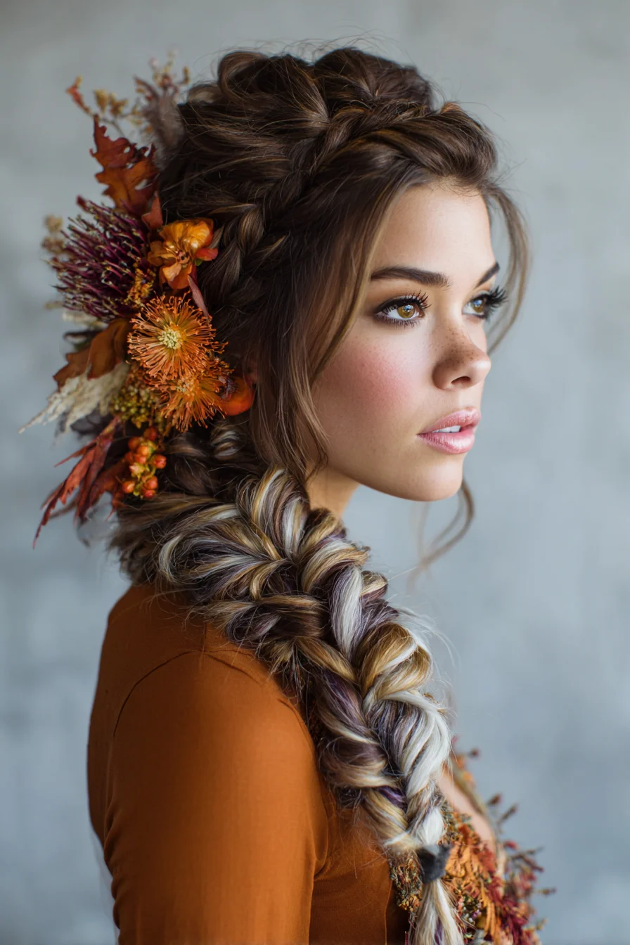 Voluminous Side Fishtail Braid with Dutch Crown and Floral Accents
