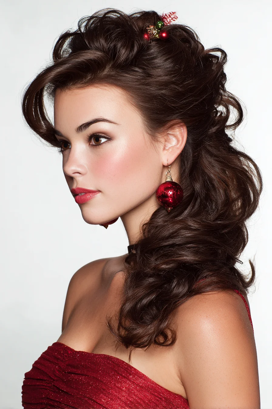 Voluminous Side‑Swept Curls with Lifted Crown and Decorative Accent