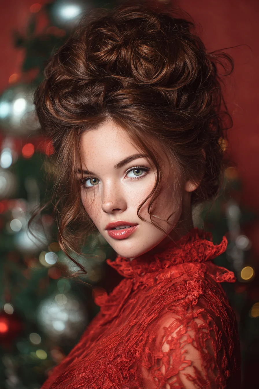 Voluminous Textured Messy Updo with Face‑Framing Tendrils