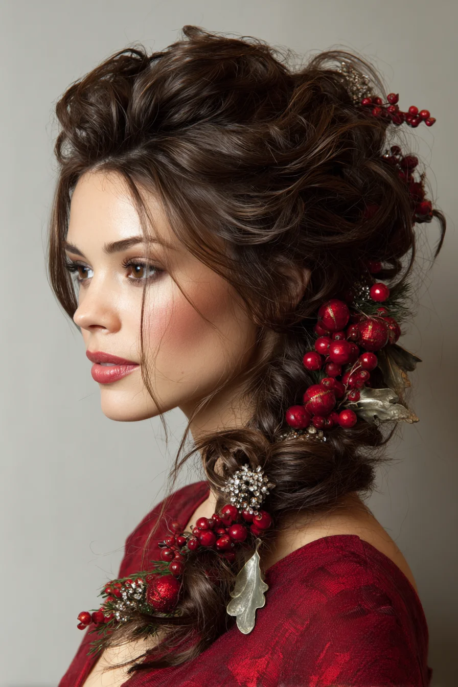 Voluminous Textured Side Braid with Festive Berry and Jewel Accents