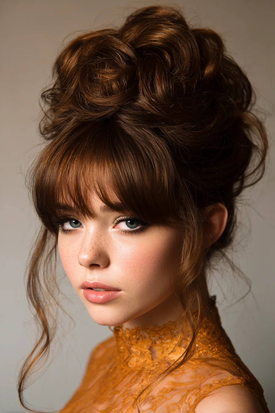 Voluminous Textured Updo with Soft Curtain Bangs — Romantic Bouffant Style