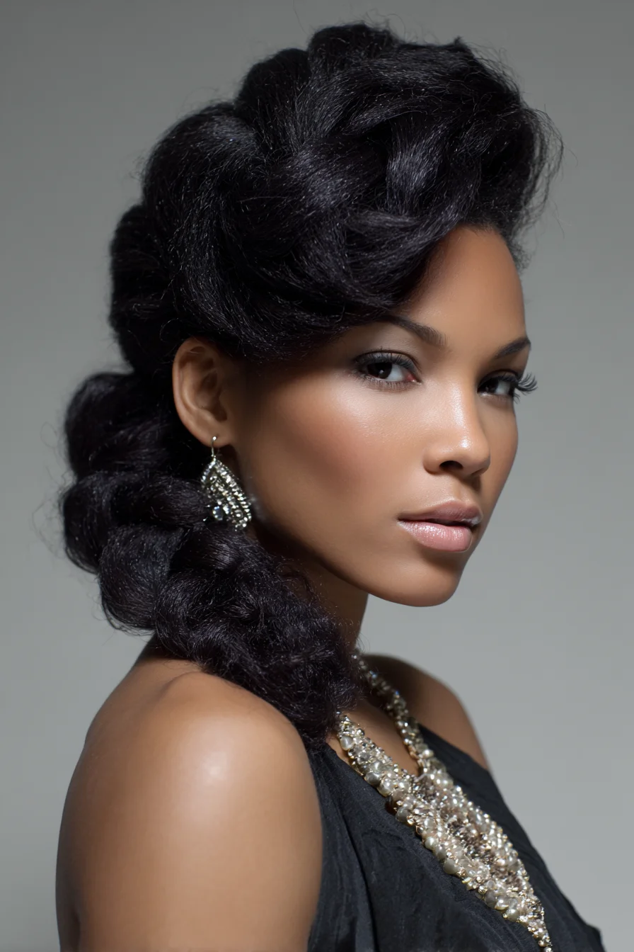 Voluminous Twisted Side Braid with Pompadour Front