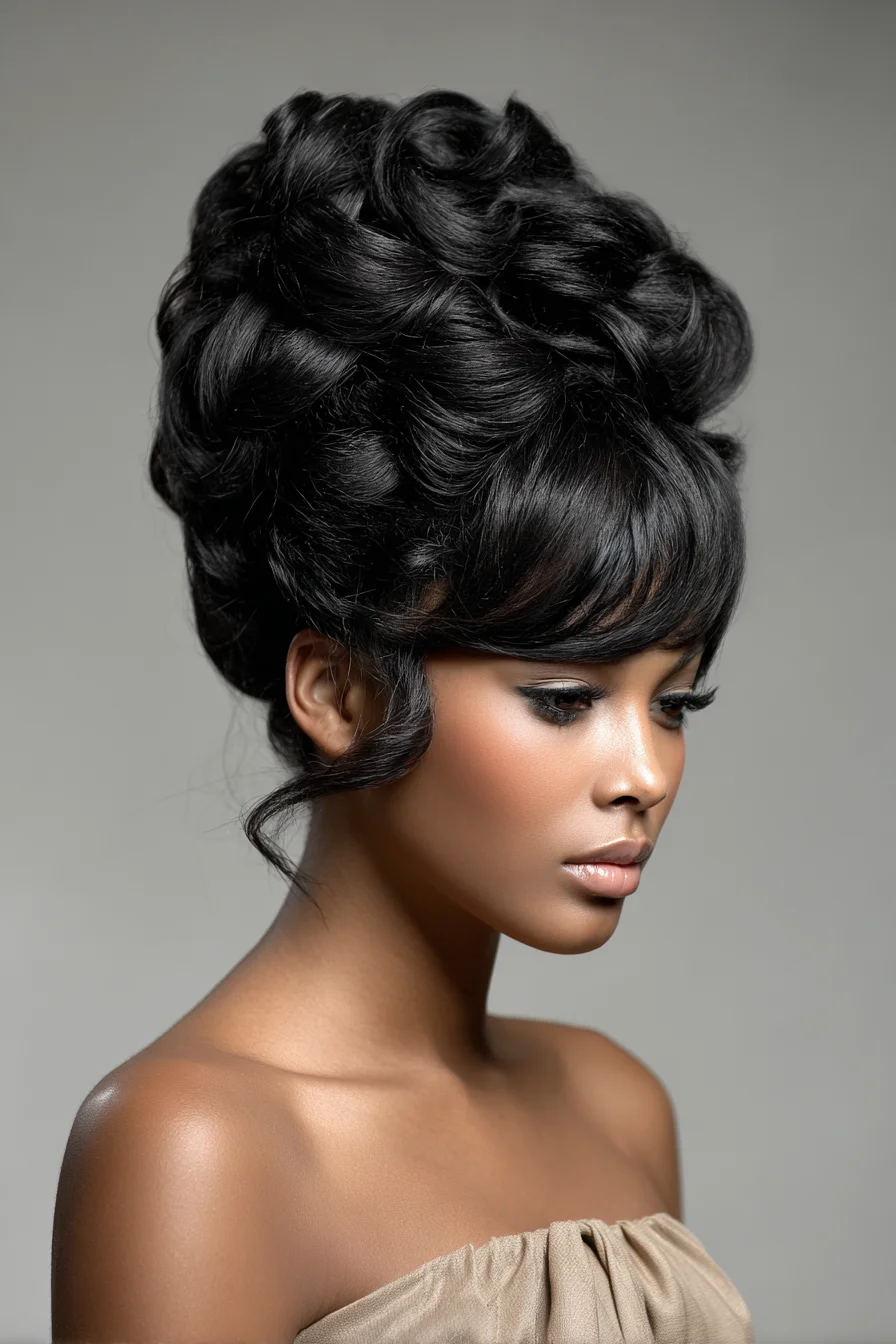 Voluminous Vintage Beehive Updo with Side‑Swept Bangs