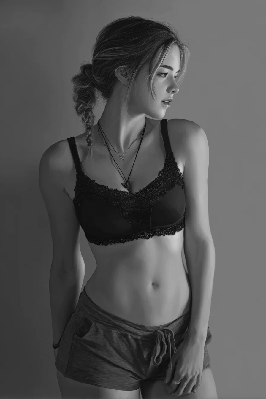 Braided Hair, Monochrome Studio Pose