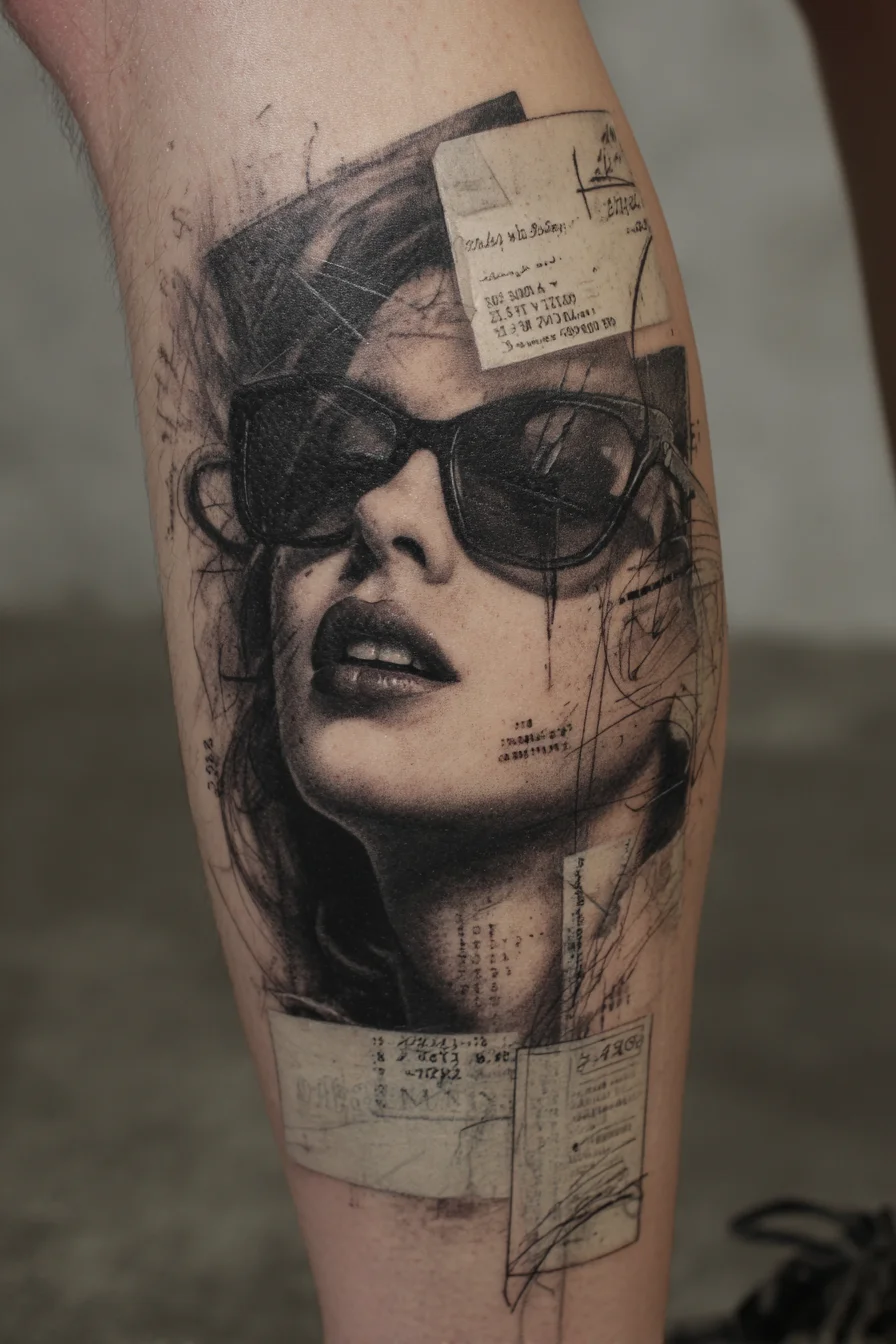 Collage Portrait Tattoo on Calf