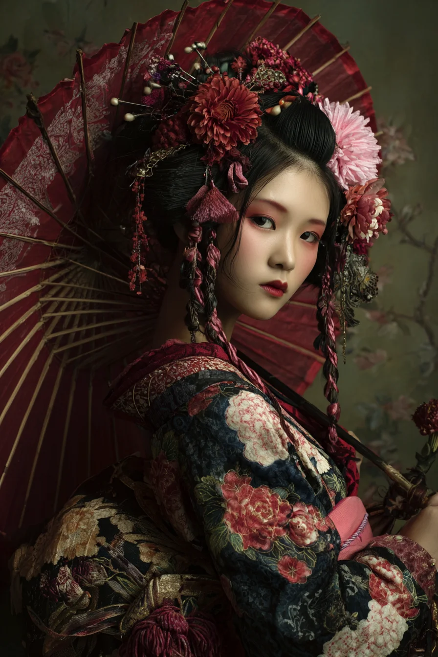 Crimson Blooms and Braided Silk