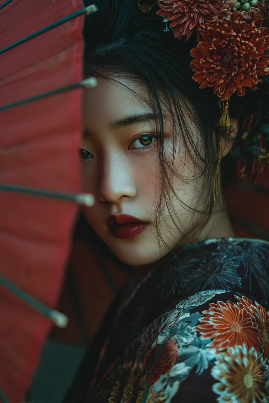 Crimson Blooms and Quiet Gaze