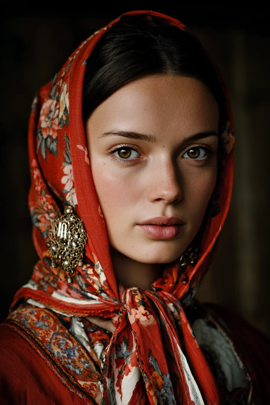 Crimson Scarf and Quiet Gaze