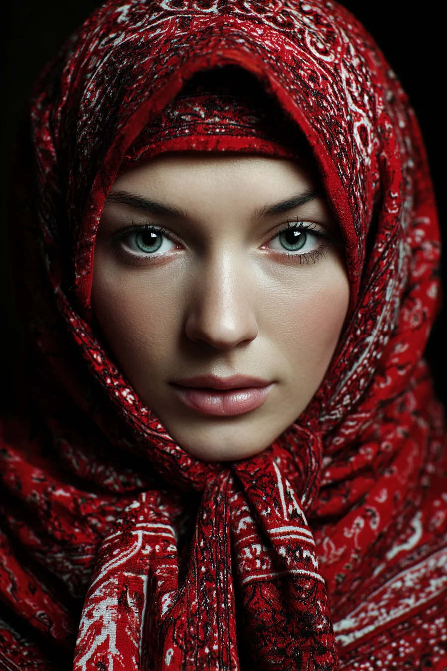 Crimson Scarf, Piercing Green Eyes