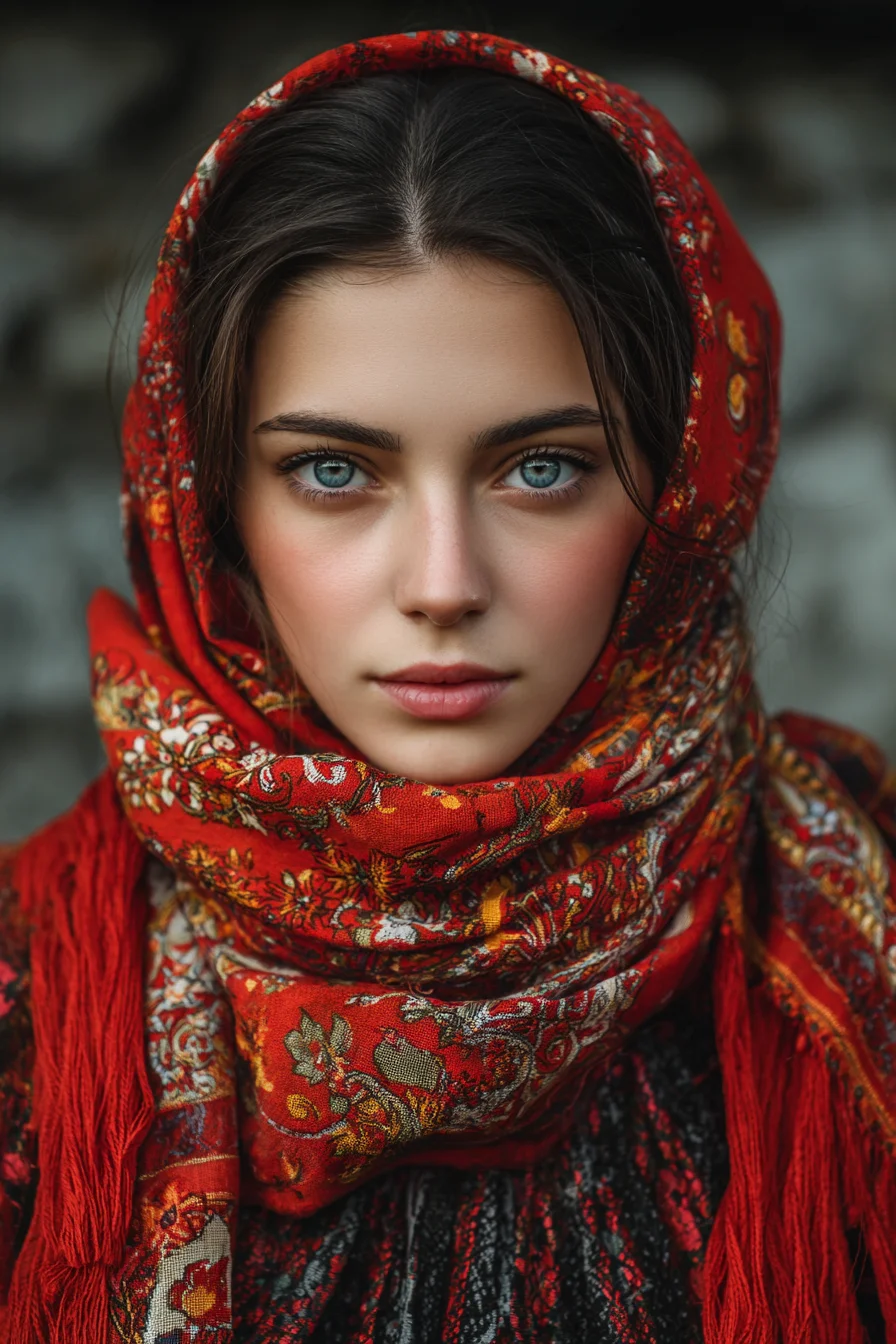 Crimson Shawl, Piercing Blue Eyes