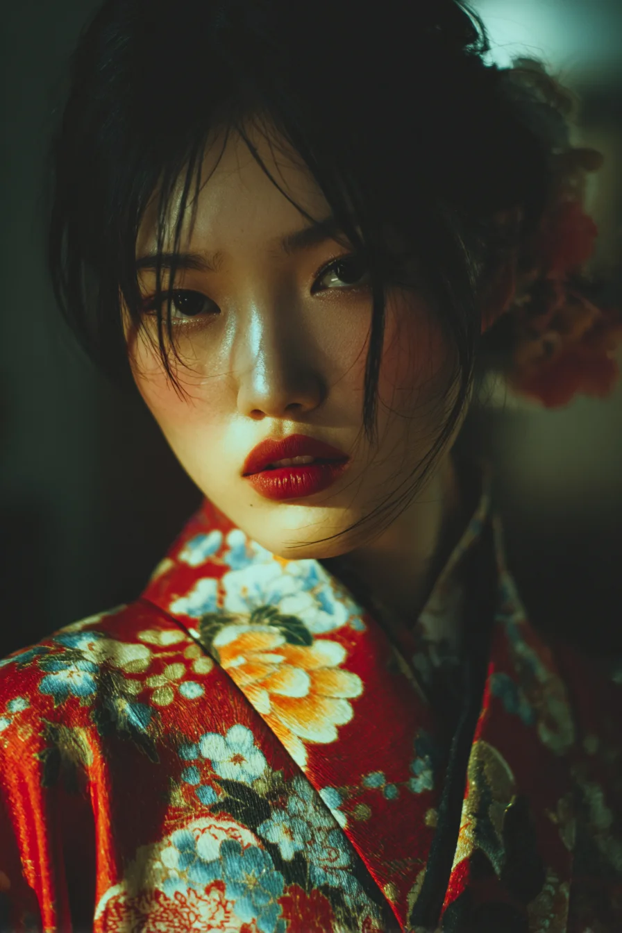 Crimson Silk and Quiet Gaze