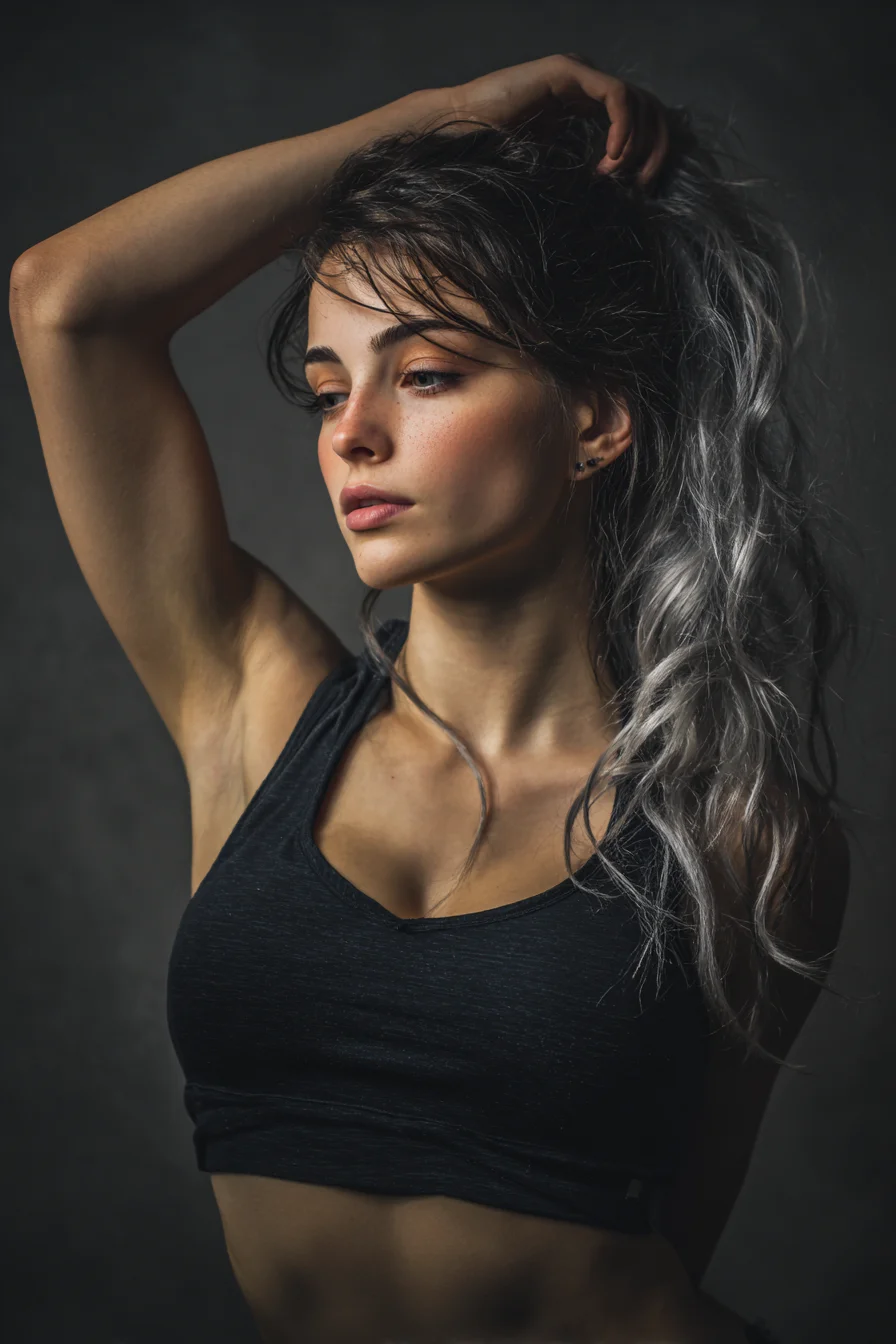 Dark Studio Portrait with Lifted Arm