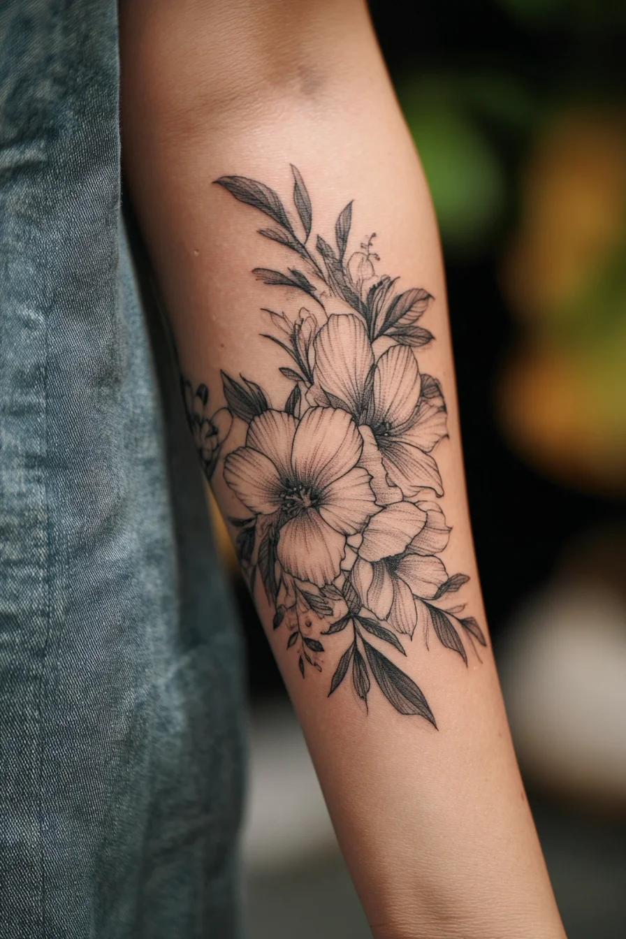 Fine Line Floral Forearm Tattoo