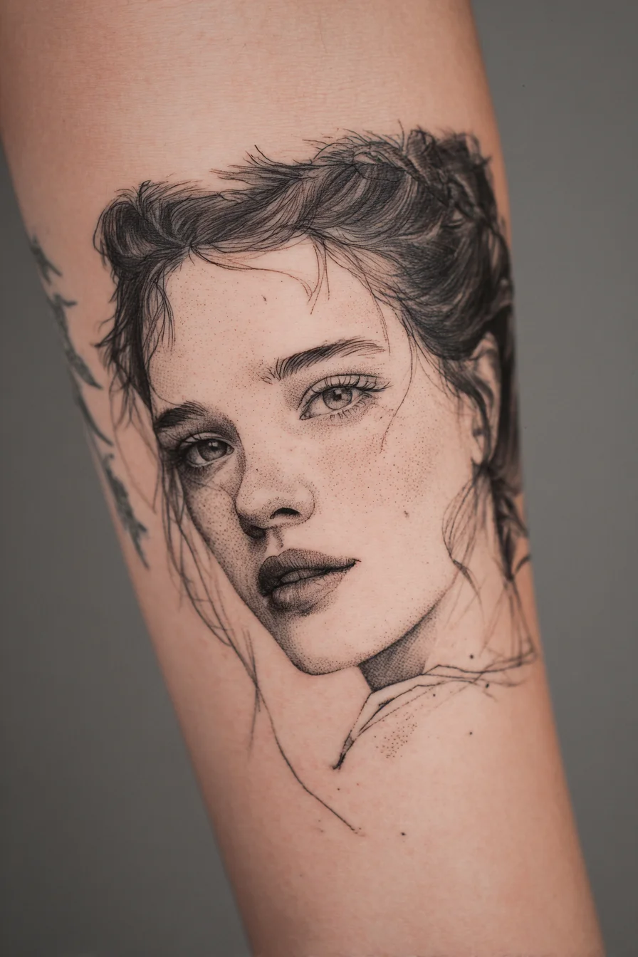 Fine Line Portrait Tattoo on Forearm