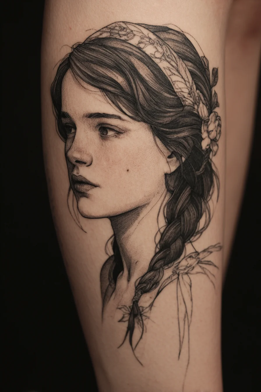 Fine Line Portrait With Braided Hair