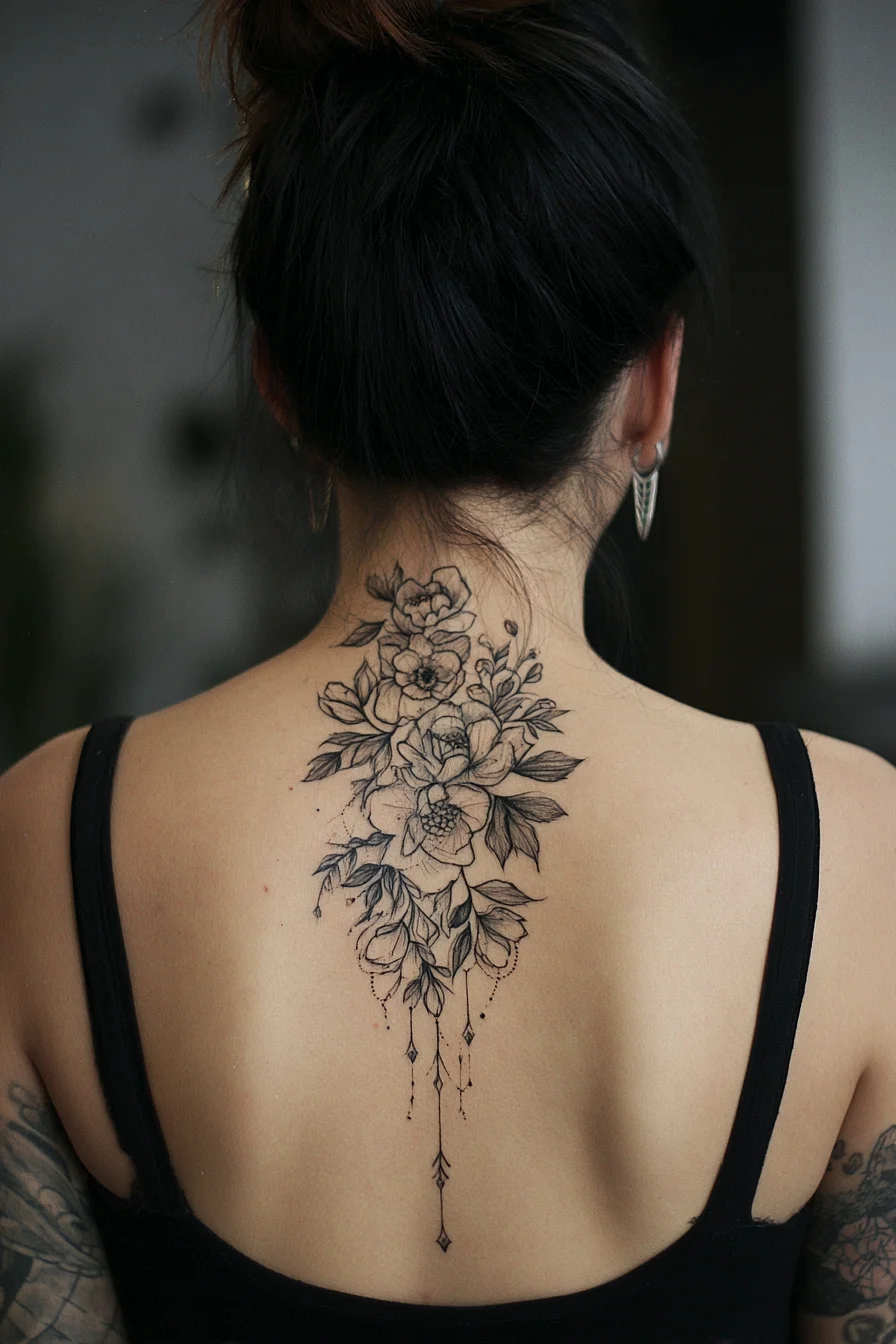 Floral Spine Tattoo in Fine Line Black Ink