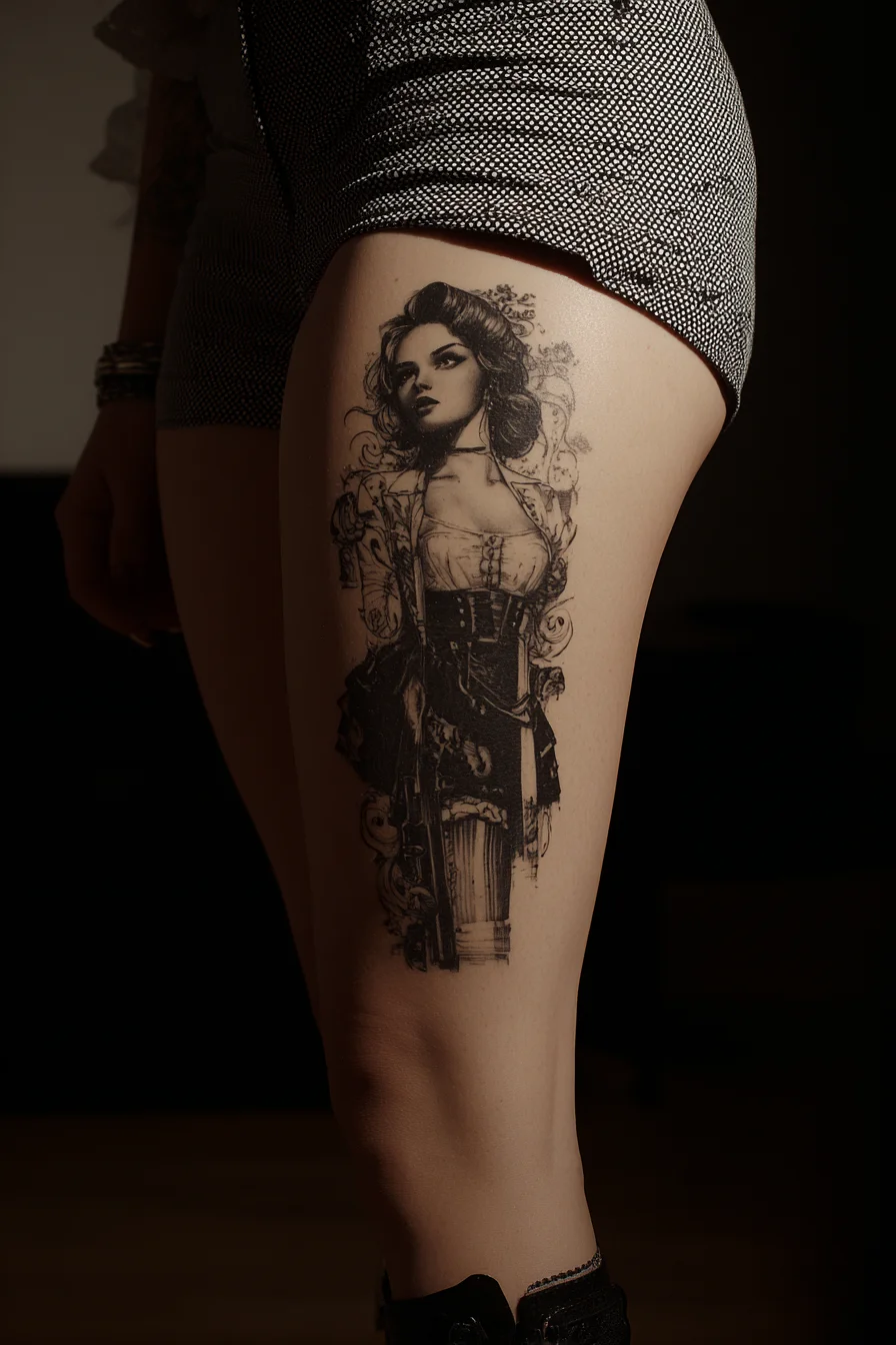 Ink Portrait on the Thigh