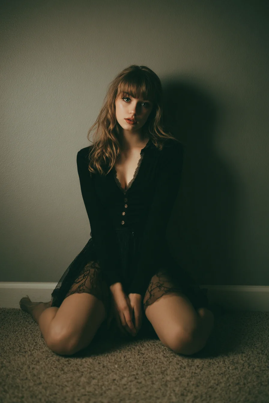 Moody Floor Pose in Black Lace