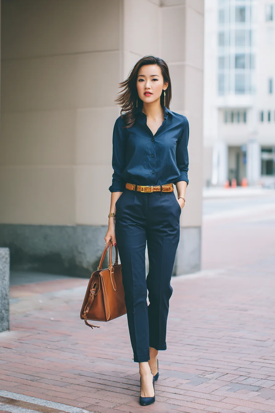 Navy Blue and Cognac Street Style