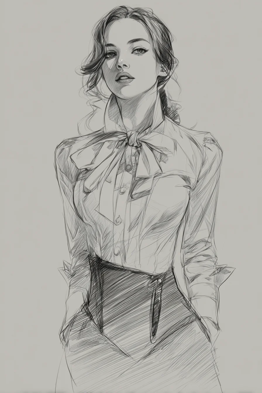 Pencil Sketch in a Bow-Tie Blouse