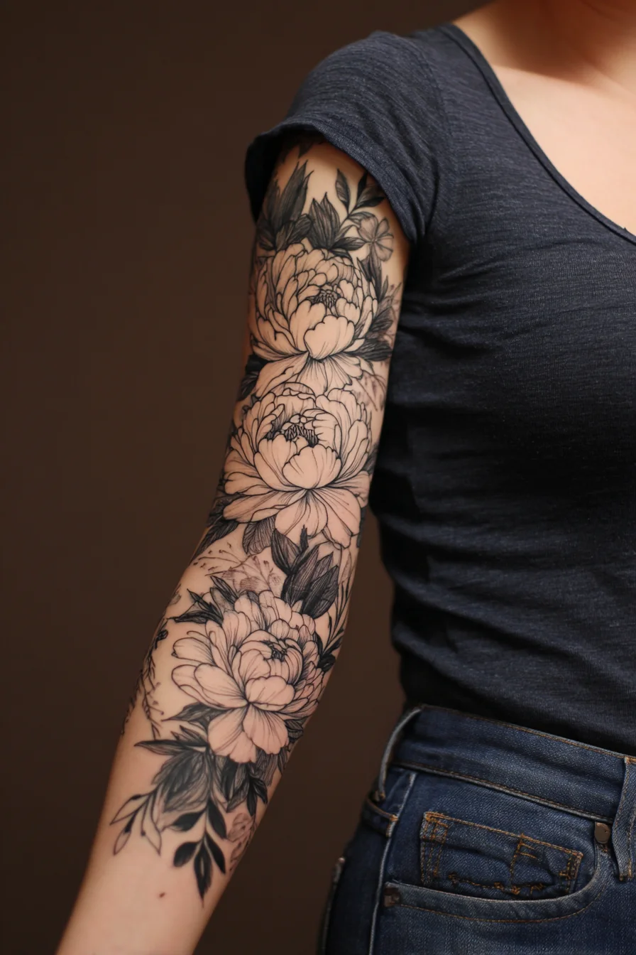 Peony Floral Full Sleeve Tattoo