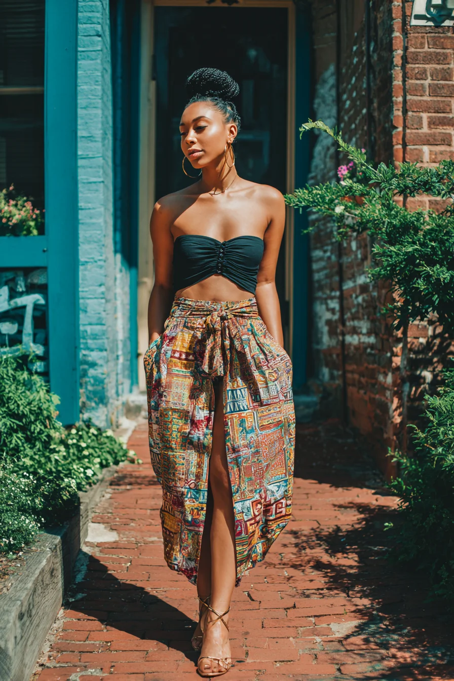 Printed Wrap Skirt on Brick Streets