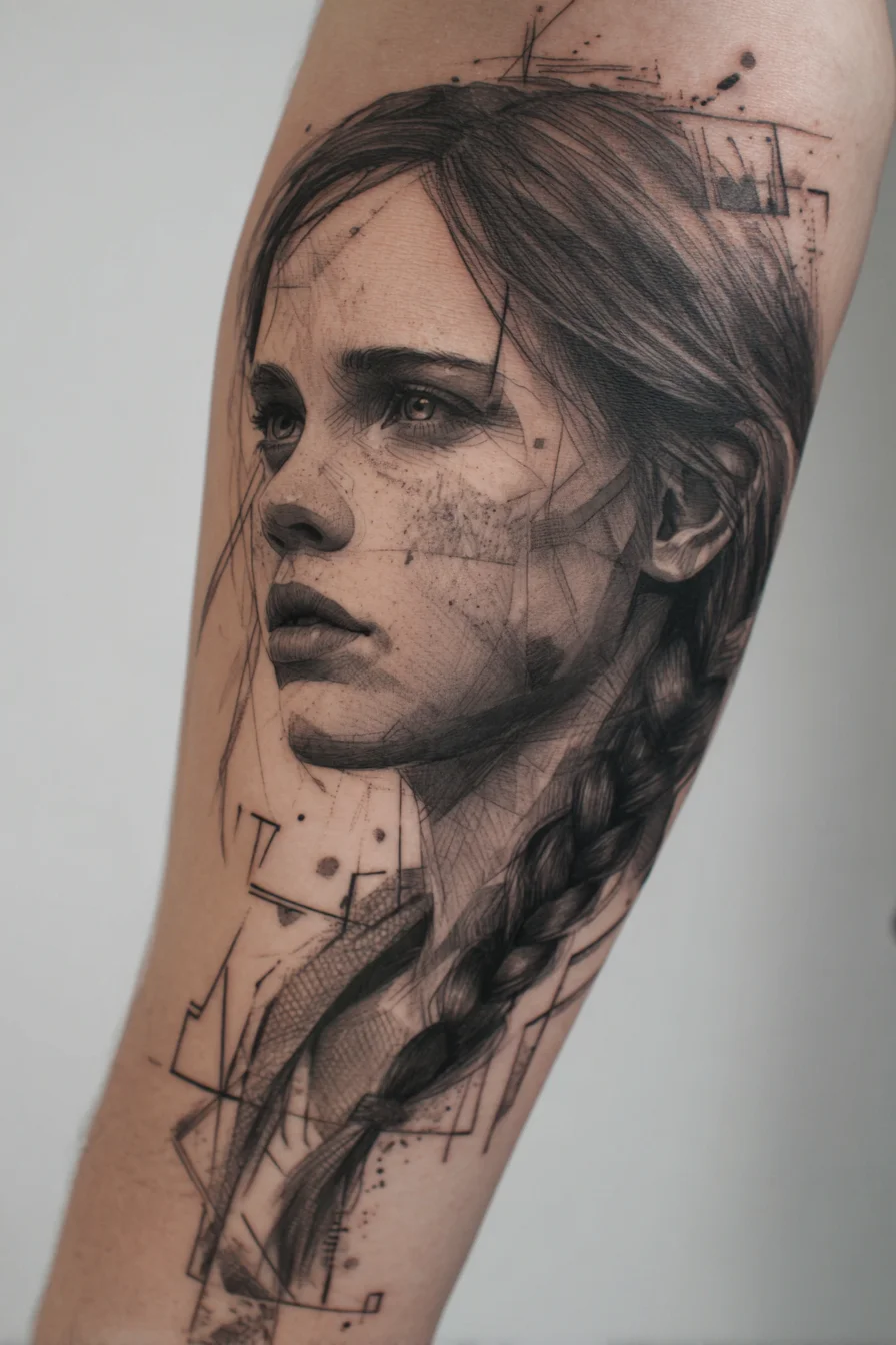 Sketch Portrait Tattoo with Braided Hair