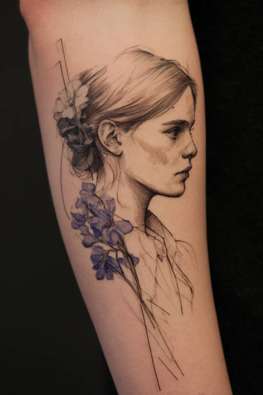 Sketch Portrait with Violet Blooms