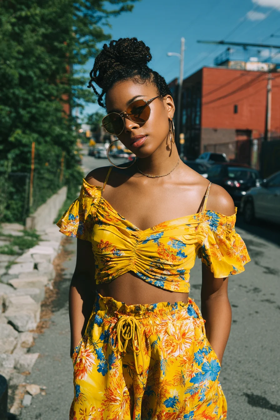 Yellow Floral Two-Piece on City Streets