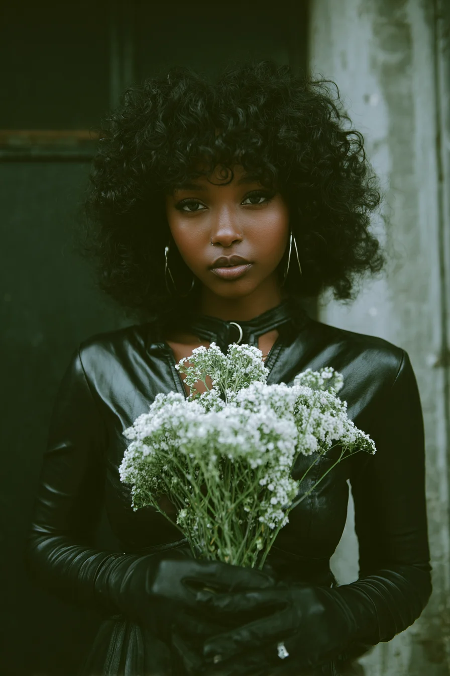 Dark Leather, Wild Curls, White Blooms